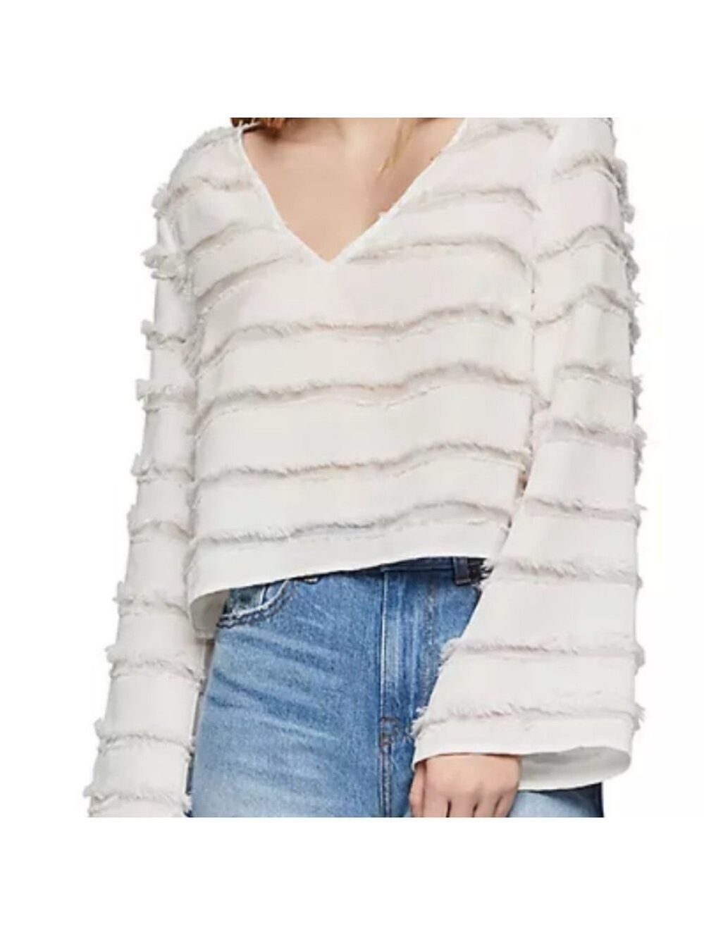 BCBGeneration White V-Neck Frayed Ruffle Bell Sleeve Polyester Top Size Small